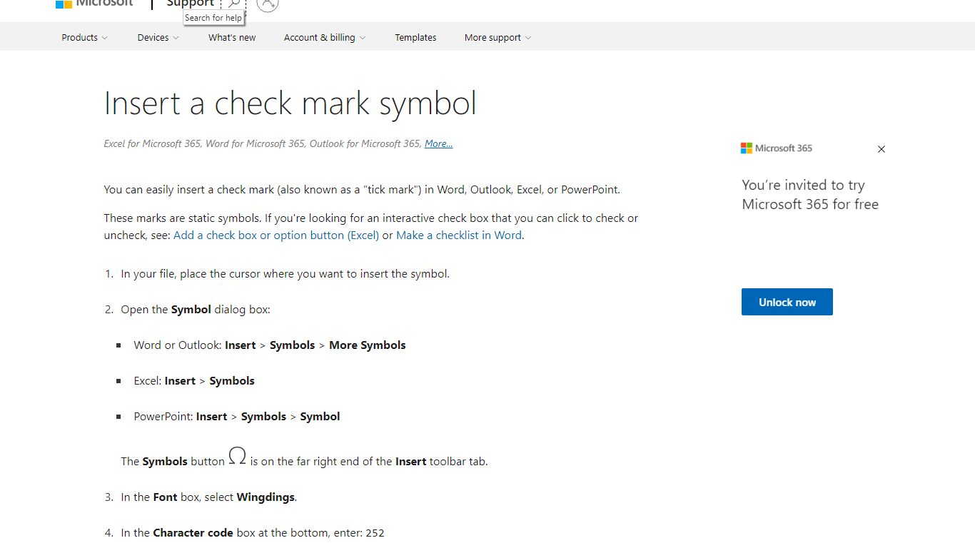Insert a check mark symbol - support.microsoft.com